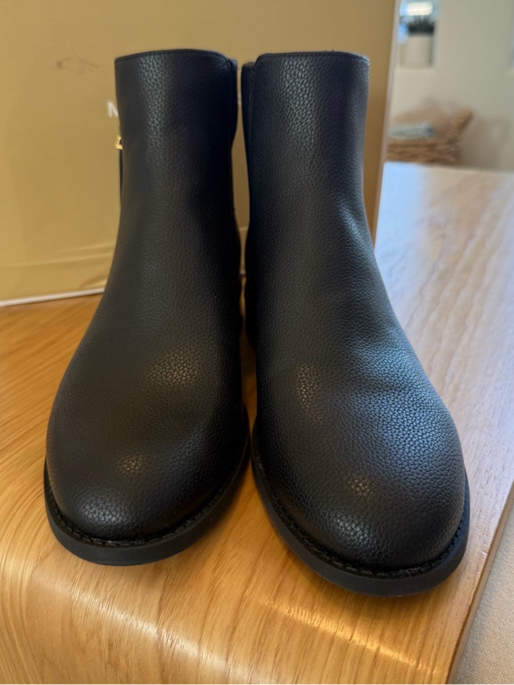Michael Kors Britt Black Pebbled Faux Leather Ankle Boot Bootie with Gold Zipper - Picture 6 of 13